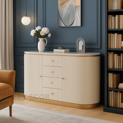 Celeste Grace Side or Console Table – Custom Marble Top with Fluted Cabinet & Metallic Trim Mid‑Century Modern Accent