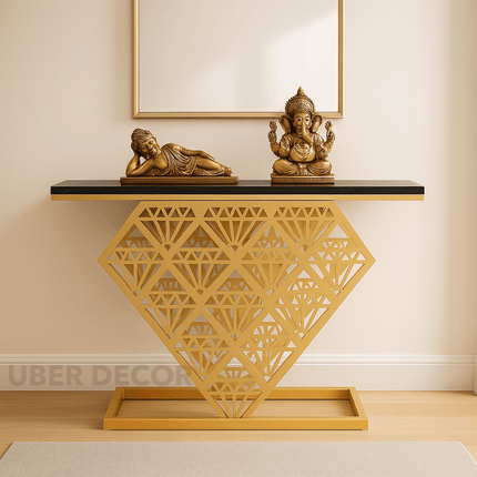 Zephyr Luxe Prism Console Table – Black Stone Top with Geometric Gold Metal Base Mid-Century For Modern Hallway & Entryway