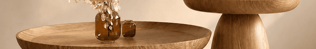 Kotto solid wood round coffee table with tray top pedestal base Japandi Scandinavian design for lounge space and calm interiors