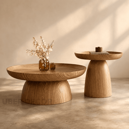 Kotto solid wood round coffee table with tray top pedestal base Japandi Scandinavian design for lounge space and calm interiors