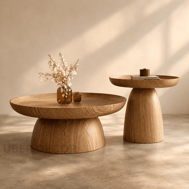 Kotto solid wood round coffee table with tray top pedestal base Japandi Scandinavian design for lounge space and calm interiors