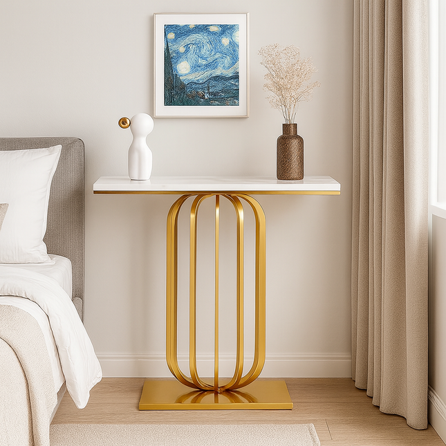 Etoile Crest Console – French Deco Marble Console Table with Luxe Pedestal Base for Hallway Glamour