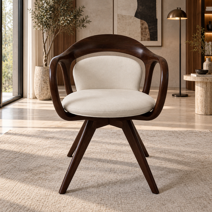 Calen Modern Teak Wood Swivel Armchair with Curved Back and Padded Seat for Dining Room