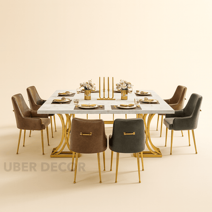 Elysian Grace Modern White Marble Dining Table Set with Gold Stainless Steel Base for Formal Dining Room