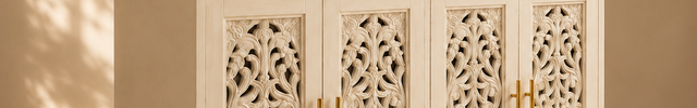 Aria Carve Mid Century Indian Solid Wood Cabinet – Handcrafted Floral Panels Ideal for Living Room, Dining Room & Entryway