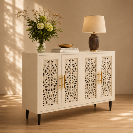 Aria Carve Mid Century Indian Solid Wood Cabinet – Handcrafted Floral Panels Ideal for Living Room, Dining Room & Entryway