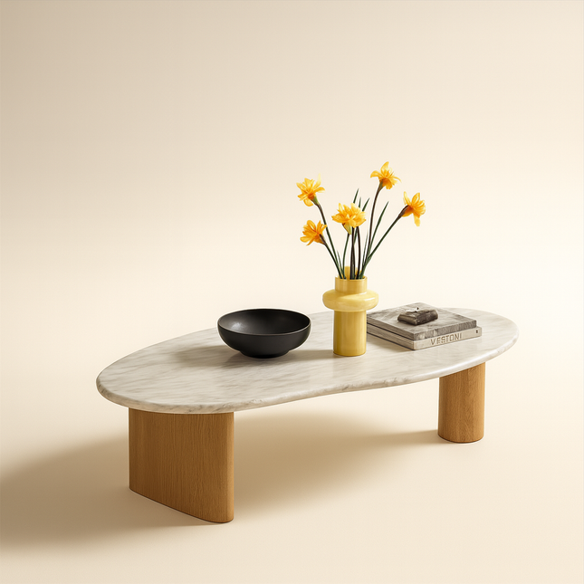 Tangon Functional Mid Century Modern Japandi Coffee Table Scandinavian Organic Freeform Marble Top Wooden Block Legs Center Table for Living Room