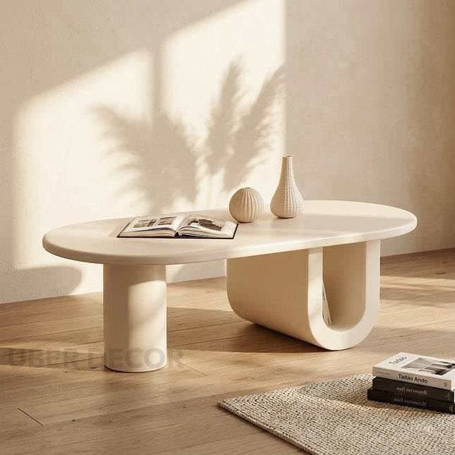 Jordan Shiro Japanese Minimalist Oval Coffee Table with Storage Shelf for Living Room Bedroom