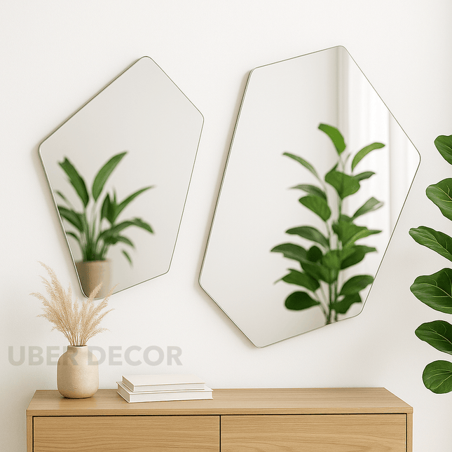 Geometric Frameless Wall Mirror Set of 2- Hexagon Shaped Abstract Modern Stylish Designer Mirrors for Wall Decor