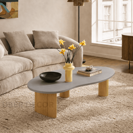 Tangon Mid Century Modern Japandi Coffee Table with Organic Freeform Wooden Top and Wooden Block Legs for Living Room