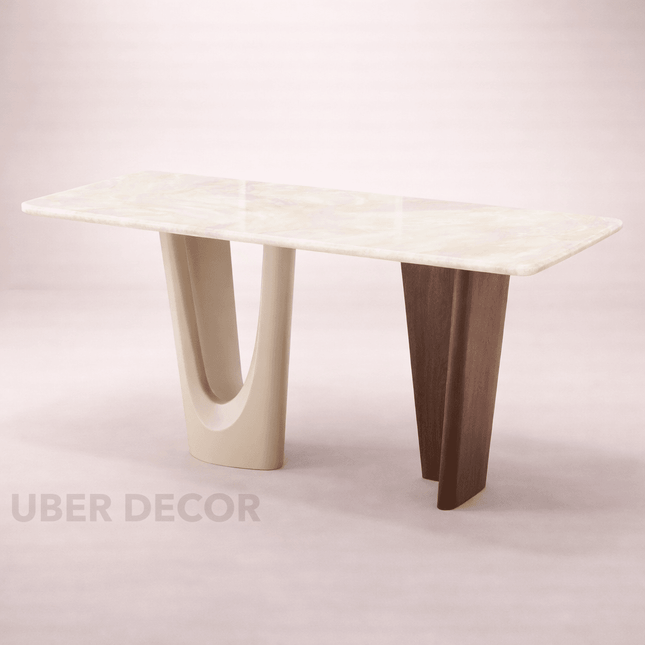 Griha Dining Table with Marble Tabletop and Solid Wood Base Inspired by Warm Indian Homes for Elegant Dining Rooms