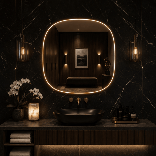 Zuri Rounded Square Frameless LED Wall Hanging Mirror with Front or Back Lit for Bathroom Vanity Dressing Room