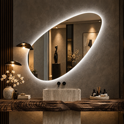 Angela Frameless Asymmetrical Irregular LED Wall Mirror – Front or Back Lit Vanity Mirror for Bathroom & Powder Room