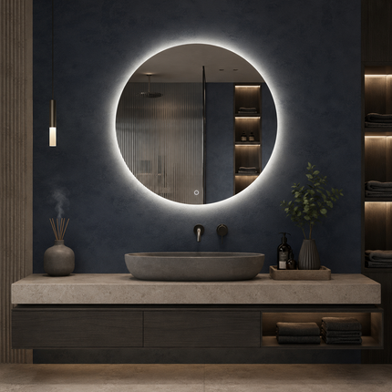 Illumina circle round led mirror- front-lit or backlit touch button frameless bathroom vanity mirror
