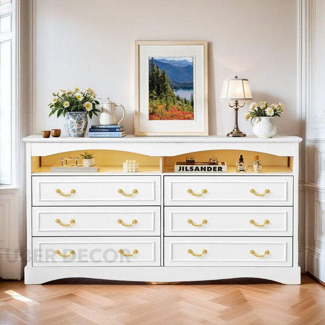 Belmont Luxe 6-Drawer French Country Cabinet – Elegant Solid Wood with White Polish & Gold Handles, Custom Color Options for Bedroom, Living Room & Entryway