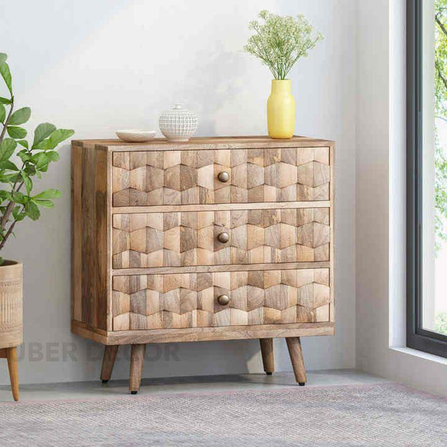 Hexa Form Mid Century Modern Solid Wood Chest of Drawers Geometric 3D Carved Fronts Ideal for Bedroom, Living Room & Entryway