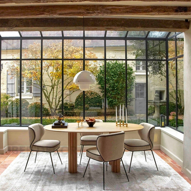 Kavon Oval Dining Table Architectural Column Design Mid Century Modern Scandinavian Inspired Solid Wood Legs Natural Finish Dining Furniture for Dining Room