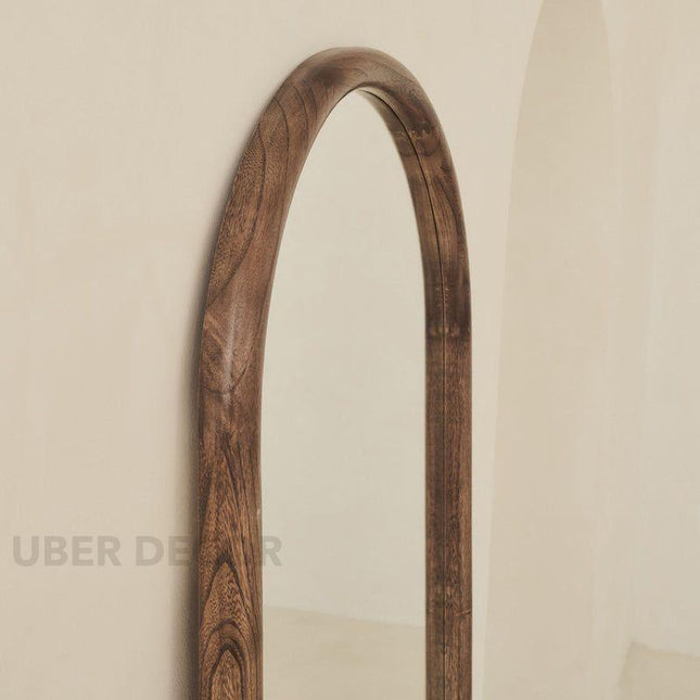 Hazel Arched Teak Wood Floor Mirror – Slim Full-Length Mirror for Bedroom & Entryway