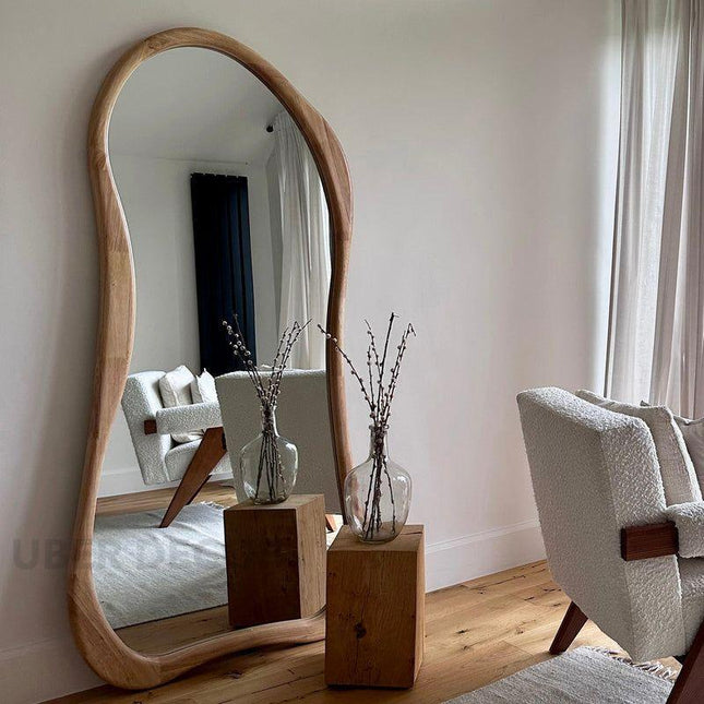 Elowen Wavy Teak Floor Mirror – Organic Freeform Full-Length Mirror