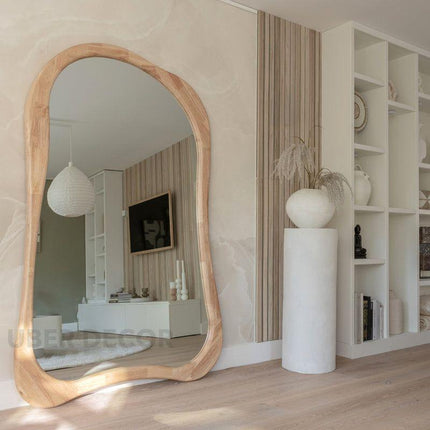 Rowena Wavy Teak Wood Mirror – Sculptural Organic Full-Length Floor Mirror