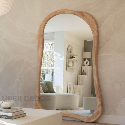 Rowena Wavy Teak Wood Mirror – Sculptural Organic Full-Length Floor Mirror