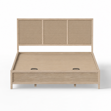 AshAura Scandinavian Wabi-Sabi Rattan Platform Bed – Japandi Wooden Bed for Bedrooms