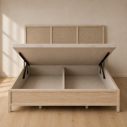 AshAura Scandinavian Wabi-Sabi Rattan Platform Bed – Japandi Wooden Bed for Bedrooms