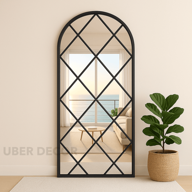 BevelCrest- Decorative French Country Window Grid Style Full Length Arched Wall Mirror for Living Room