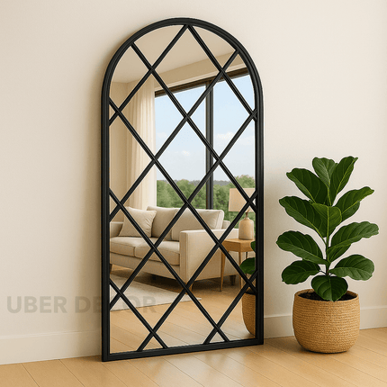 BevelCrest- Decorative French Country Window Grid Style Full Length Arched Wall Mirror for Living Room