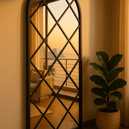 BevelCrest- Decorative French Country Window Grid Style Full Length Arched Wall Mirror for Living Room