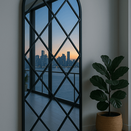 BevelCrest- Decorative French Country Window Grid Style Full Length Arched Wall Mirror for Living Room
