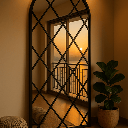 BevelCrest- Decorative French Country Window Grid Style Full Length Arched Wall Mirror for Living Room
