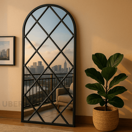 BevelCrest- Decorative French Country Window Grid Style Full Length Arched Wall Mirror for Living Room