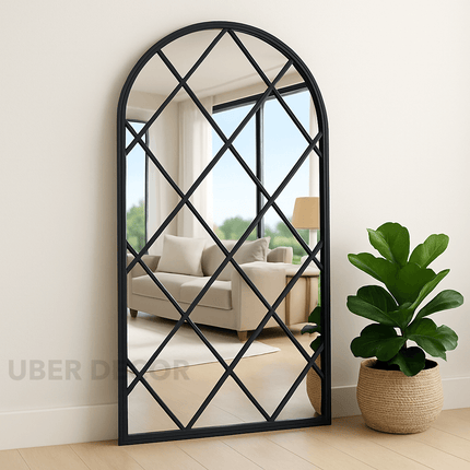 BevelCrest- Decorative French Country Window Grid Style Full Length Arched Wall Mirror for Living Room