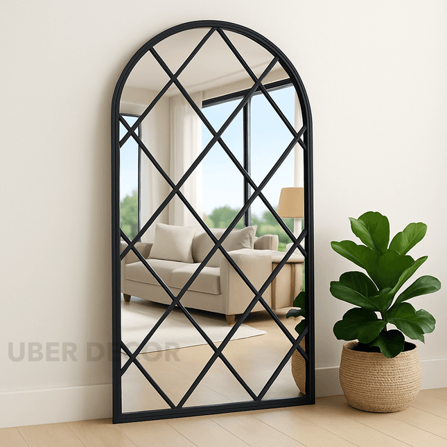 BevelCrest- Decorative French Country Window Grid Style Full Length Arched Wall Mirror for Living Room