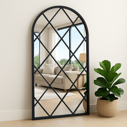 BevelCrest- Decorative French Country Window Grid Style Full Length Arched Wall Mirror for Living Room