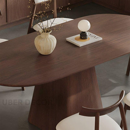Solara Edge Oval Dining Table Mid Century Modern Contemporary Design Walnut Brown Finish Sculptural Pedestal Base Ideal for Dining Room - Uber Decor