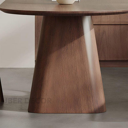 Solara Edge Oval Dining Table Mid Century Modern Contemporary Design Walnut Brown Finish Sculptural Pedestal Base Ideal for Dining Room - Uber Decor