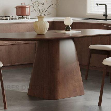 Solara Edge Oval Dining Table Mid Century Modern Contemporary Design Walnut Brown Finish Sculptural Pedestal Base Ideal for Dining Room - Uber Decor