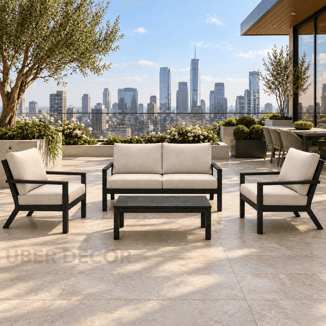 Breevara Sofa & Chair Set with Slatted Coffee Table   Modern Outdoor Seating for Decks, Balconies & Courtyard Patios