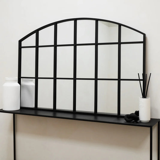 LusterArc- Arched Top Wide Metal Framed Window Style Mirror for Console or Dining Table Wall