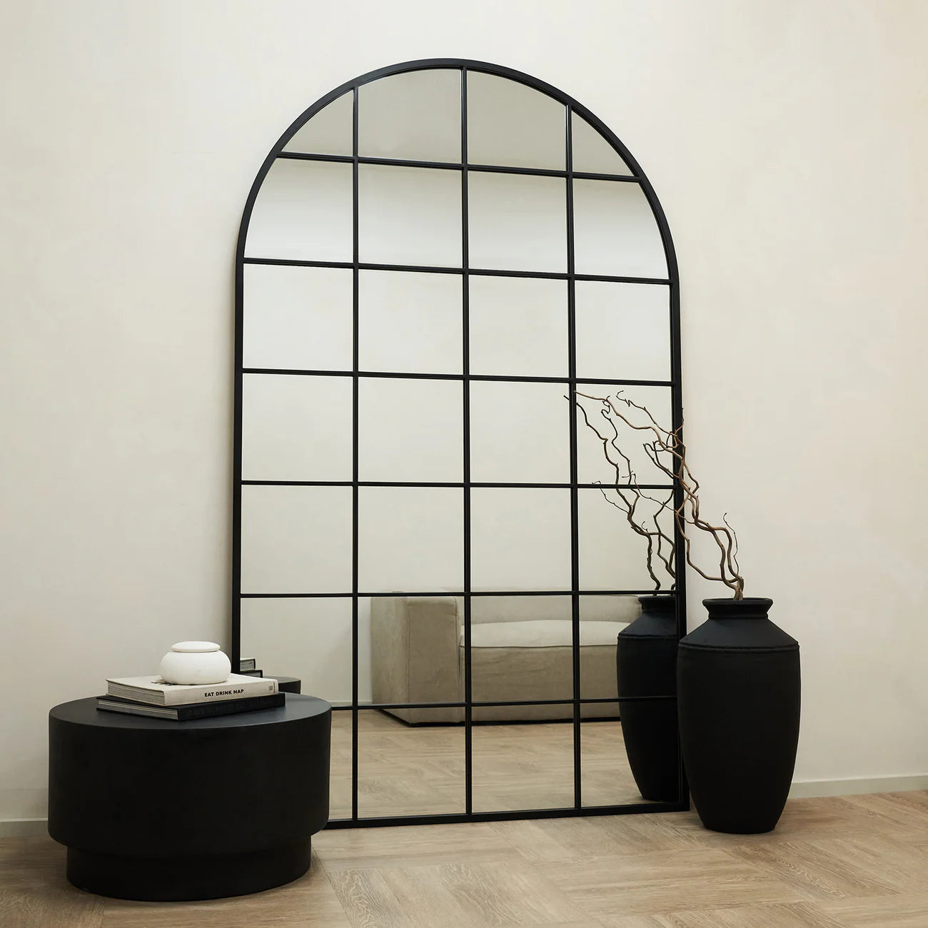 GloryArch- Arched Grid Full Length Window Style Metal Framed Mirror for Living Room, Bedroom, Clothing Boutique or Outdoor