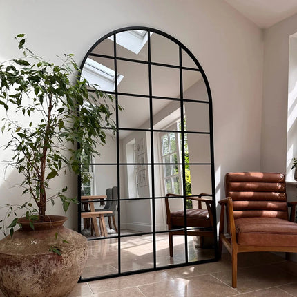 GloryArch- Arched Grid Full Length Window Style Metal Framed Mirror for Living Room, Bedroom, Clothing Boutique or Outdoor