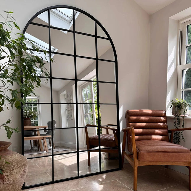 GloryArch- Arched Grid Full Length Window Style Metal Framed Mirror for Living Room, Bedroom, Clothing Boutique or Outdoor