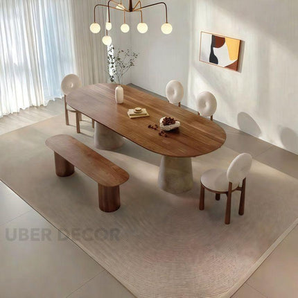 Orla Haven Oval 6 Seater Dining Table Japandi Scandinavian Design Walnut Finish Sculptural Pedestal Base Ideal for Dining Room - Uber Decor