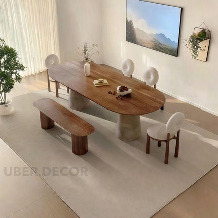 Orla Haven Oval 6 Seater Dining Table Japandi Scandinavian Design Walnut Finish Sculptural Pedestal Base Ideal for Dining Room - Uber Decor