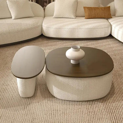 Sangha Sculptural Solid Wood Coffee Table With Integrated Storage Dual Level Design And Soft Rounded Form For Contemporary Living Spaces