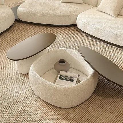 Sangha Sculptural Solid Wood Coffee Table With Integrated Storage Dual Level Design And Soft Rounded Form For Contemporary Living Spaces
