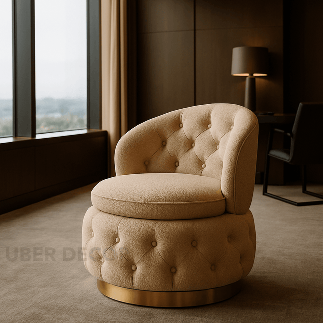 Lyssara- 360 Degree Swivel Tufted Barrel Accent Chair with Round Base, Curved Back and Storage Space