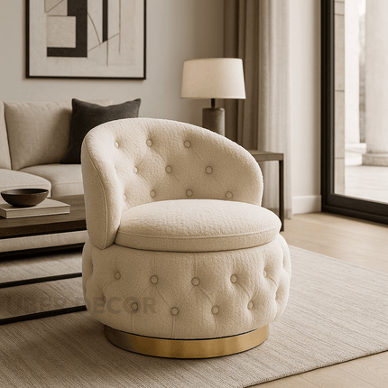 Lyssara- 360 Degree Swivel Tufted Barrel Accent Chair with Round Base, Curved Back and Storage Space